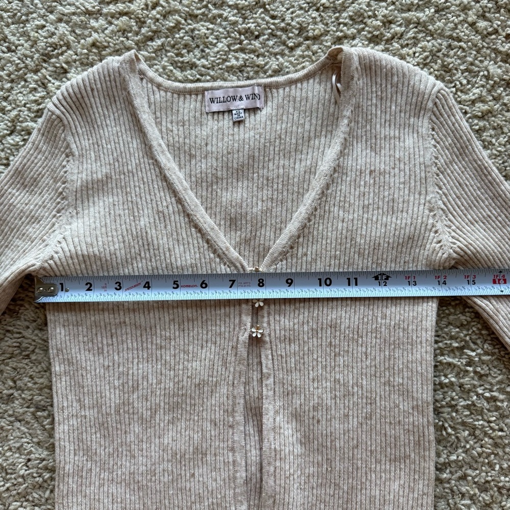 Ribbed Knit Tan Cardigan Soft Girl Coquette Floral Button Balletcore Neutral XS - Picture 6 of 7